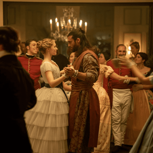 Elegant ballroom dance with couples in historical attire, under a chandelier's glow.