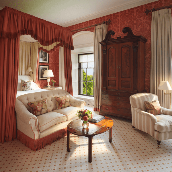 Elegant bedroom with canopy bed, sofa, armchair, and large windows overlooking greenery.