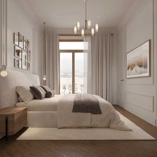 Elegant bedroom with neutral decor, large window, and modern lighting fixture.