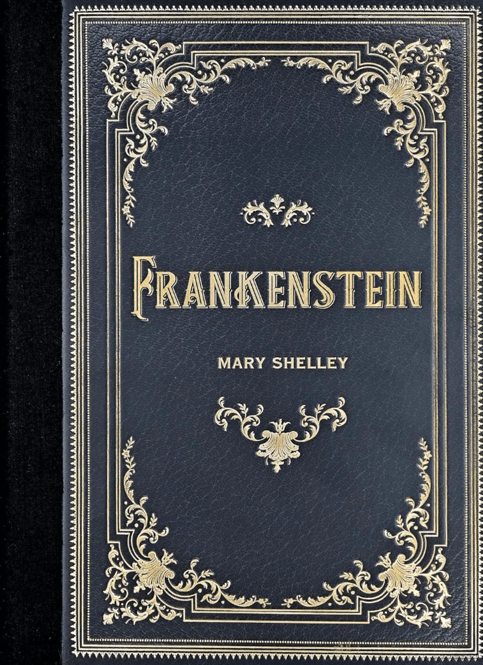 Elegant cover of "Frankenstein" by Mary Shelley, adorned with gold floral accents.