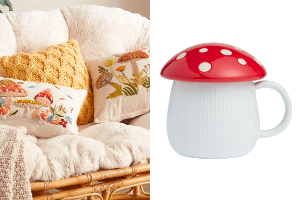 Embroidered Mushroom Lumbar Pillow + Mushroom Lidded Ceramic Mug from world market's fall decor collection