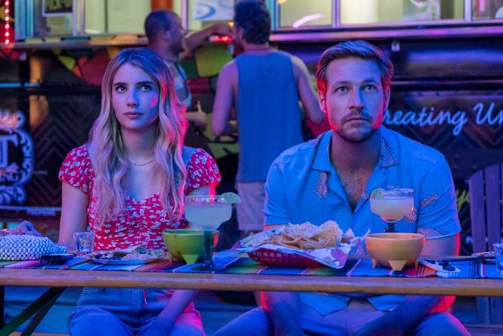 Emma Roberts and Luke Bracey in Holidate on Netflix