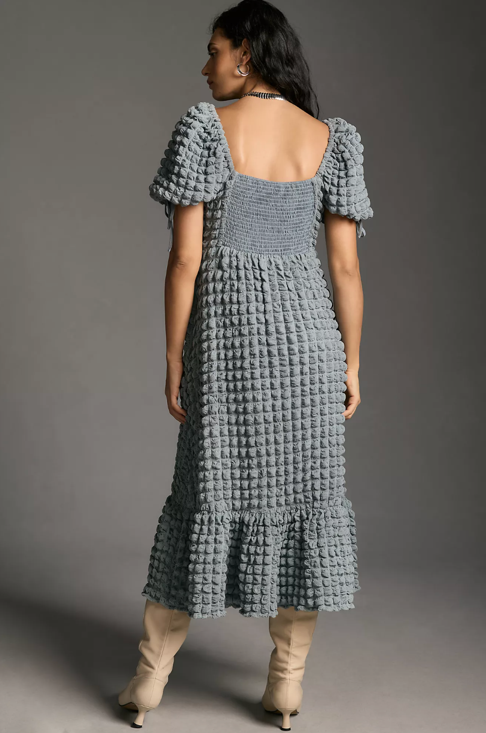 Endless Rose Puff-Sleeve Sweetheart Textured Midi Dress