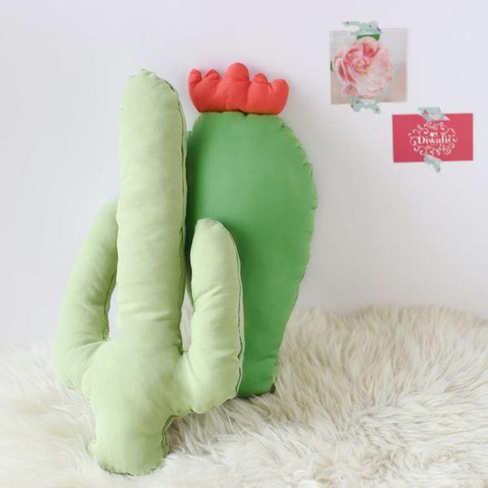 DIY Cactus Pillow with pink flower on top