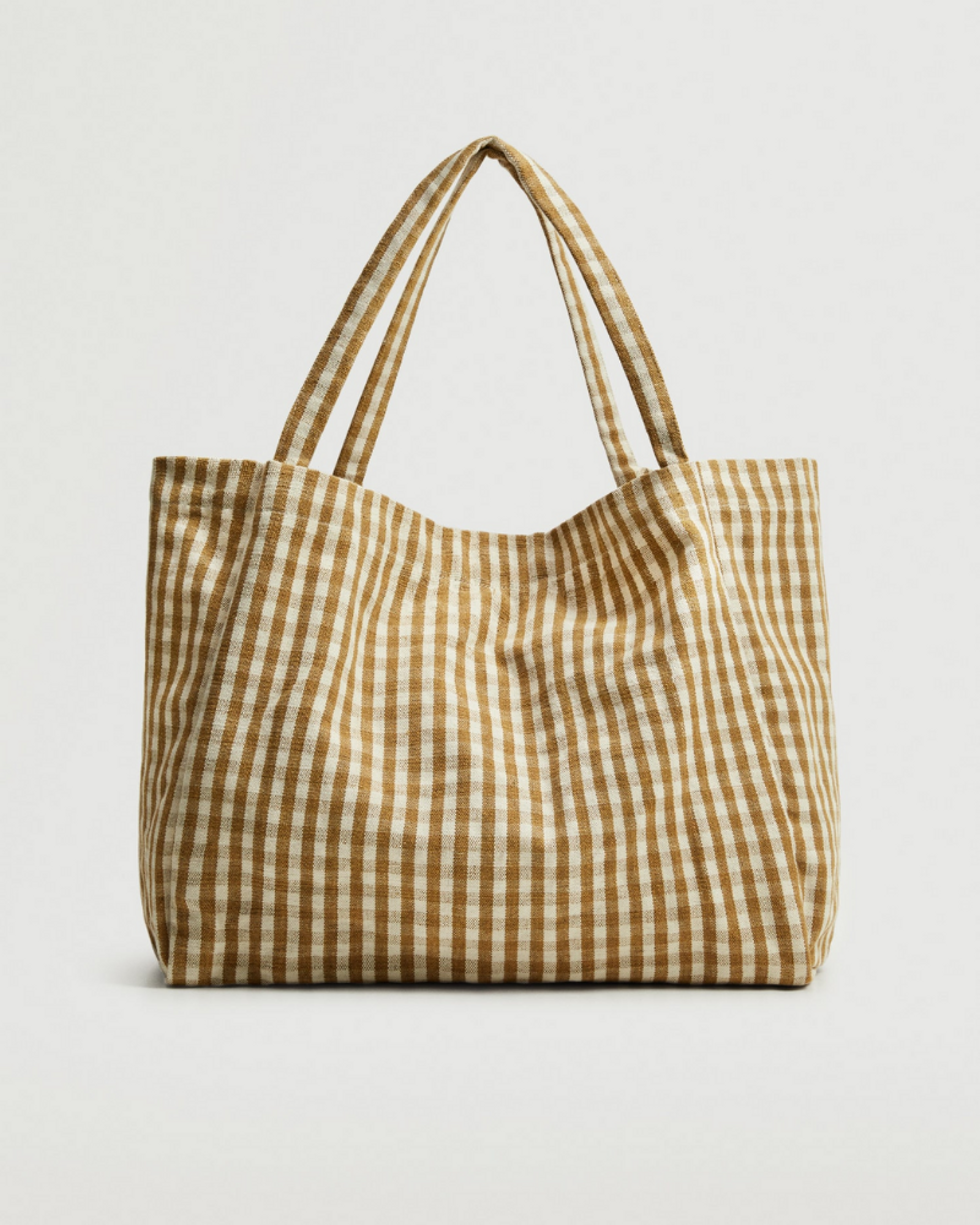 Mango Gingham Check Fabric Shopper brown and white