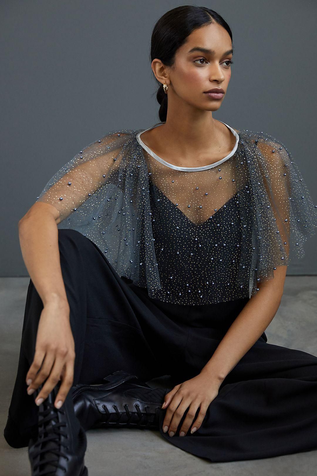 gray tulle cape with pearls