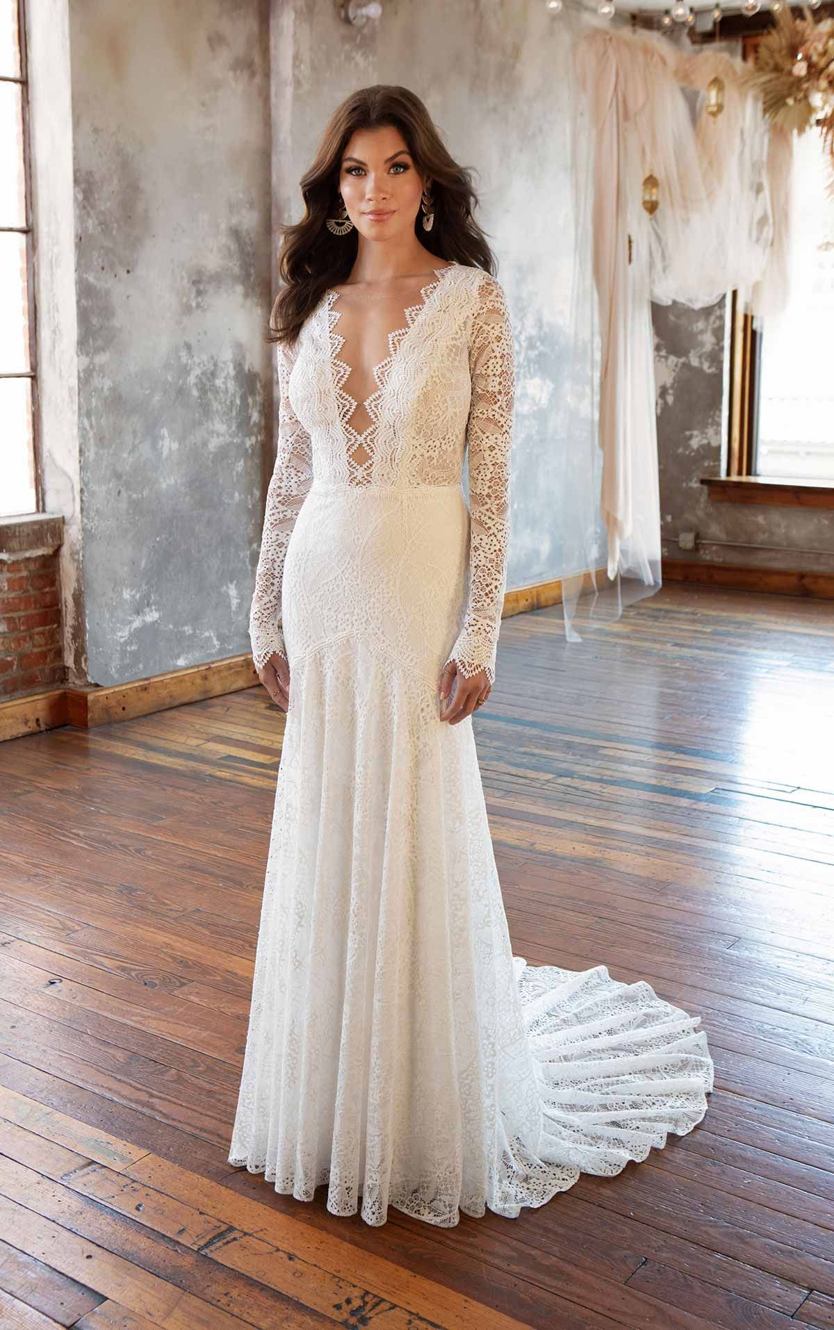 Long Sleeve Lace Deep V-neckline Fit And Flare Wedding Dress