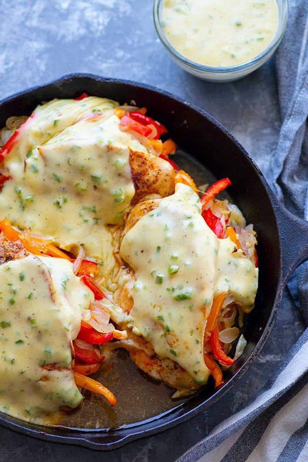 Fajita Stuffed Chicken with Jalapeno Queso Sauce
