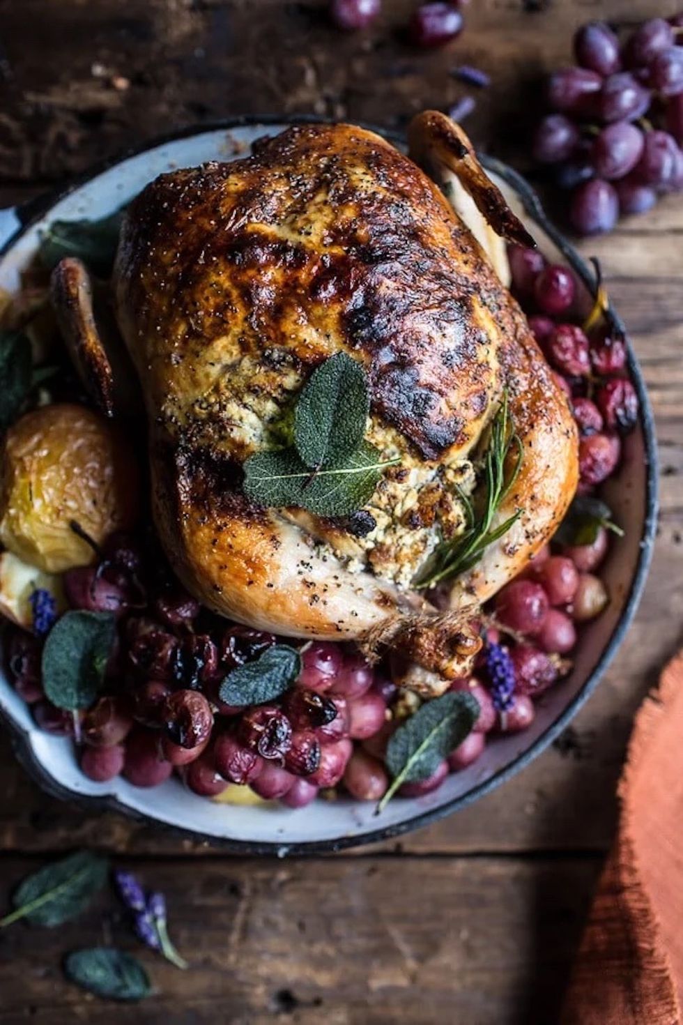 Fall Harvest Cider Roasted Chicken With Walnut Goat Cheese and Grapes
