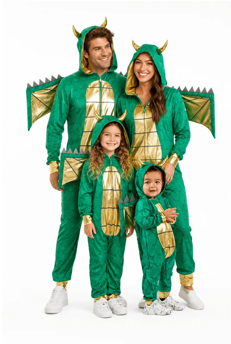 Family in matching green dragon onesies with gold detailing and wing hoods.