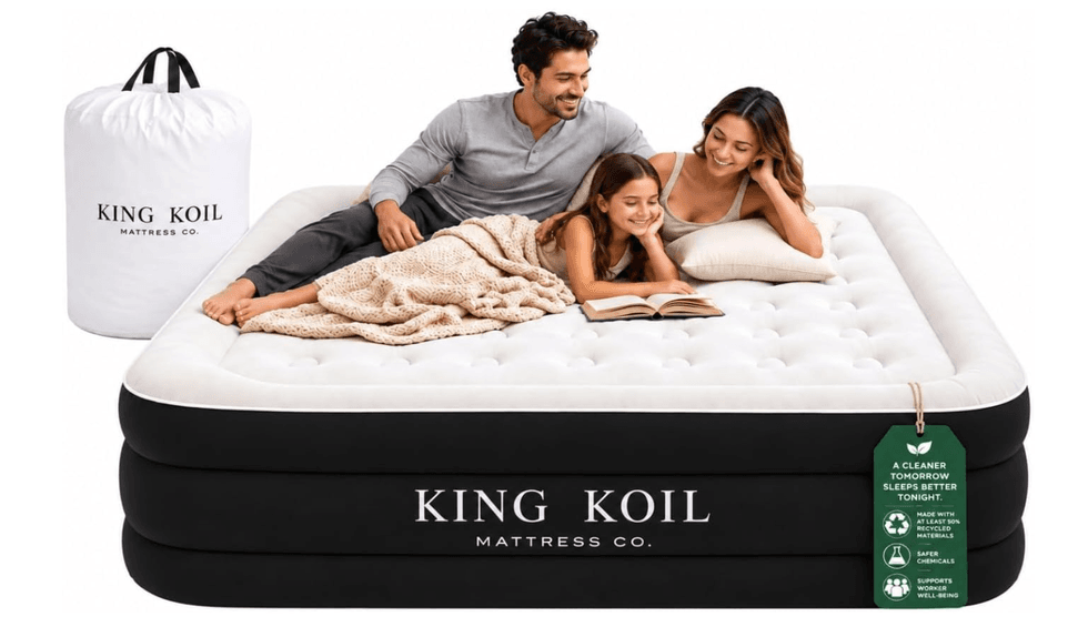 Family relaxing on a King Koil air mattress, beside the storage bag.