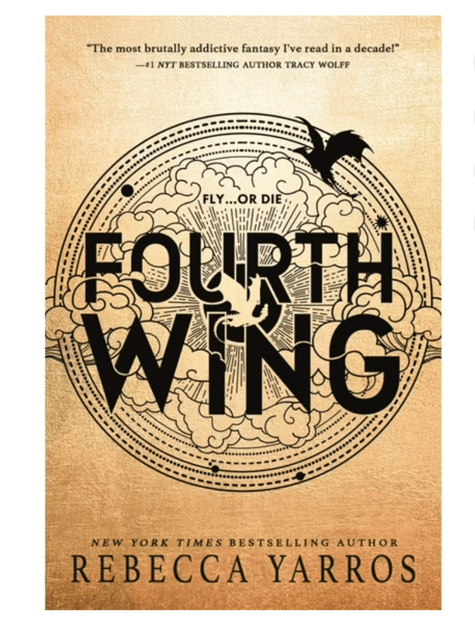 Fantasy book cover, "Fourth Wing" by Rebecca Yarros, features clouds and flying dragon design.