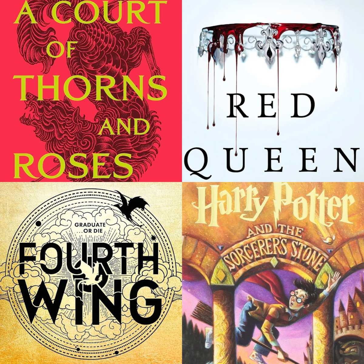 fantasy books a court of thorns and roses fourth wing harry potter red queen