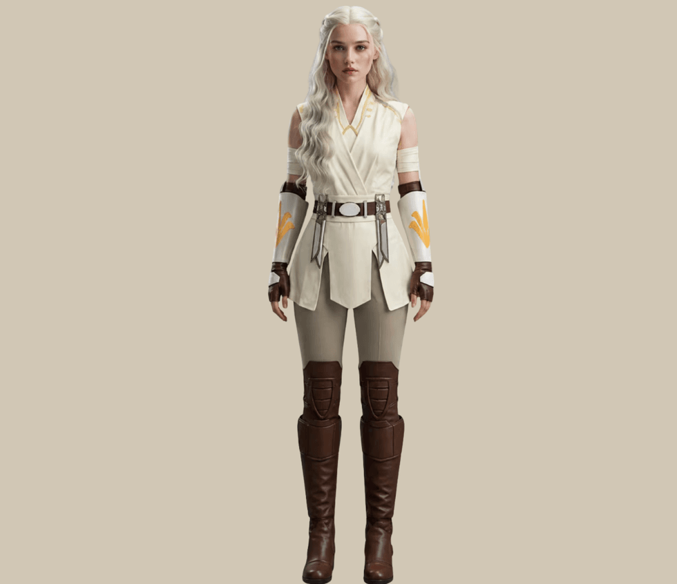 Fantasy warrior woman with long white hair, in a beige tunic, armored gloves, and brown boots.