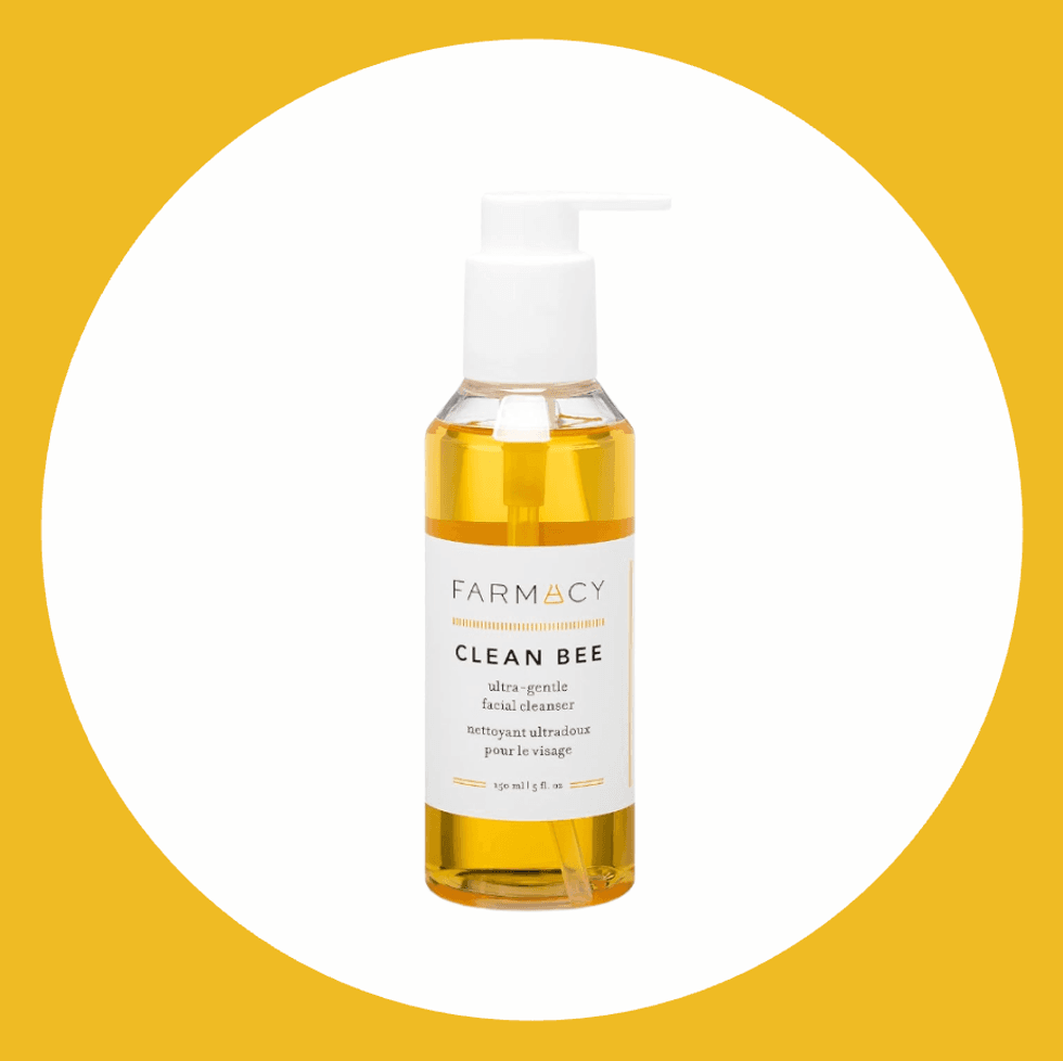 Farmacy Clean Bee facial cleanser bottle on a yellow and white background.