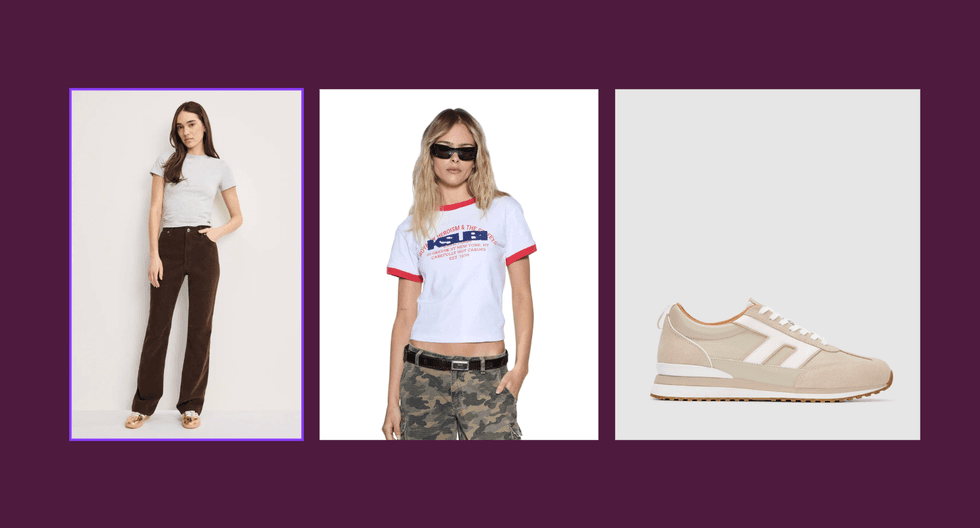 Fashion collage: woman in brown pants, woman in camo pants, and beige sneaker.