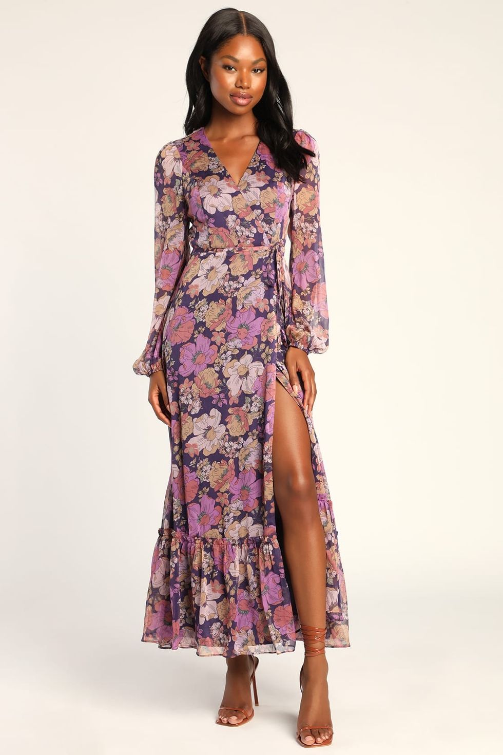 Feeling Sweet Purple Floral Print Long Sleeve Wrap Maxi Dress
