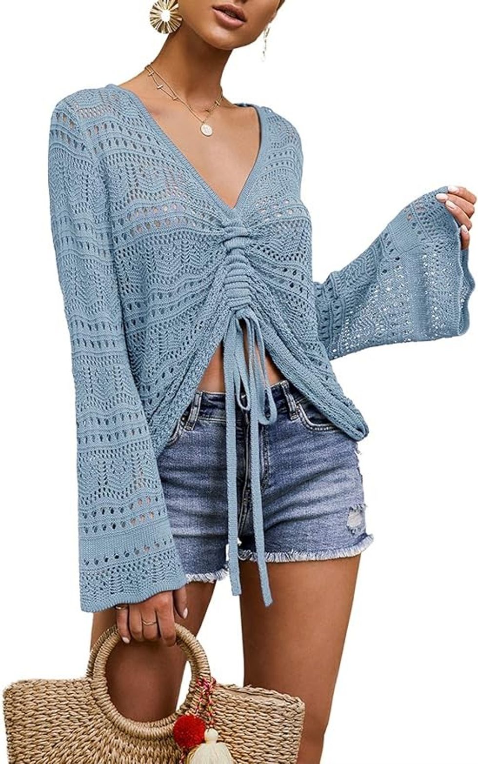 FERBIA Women Crochet Top Beach Cloth Drawstring Shirt