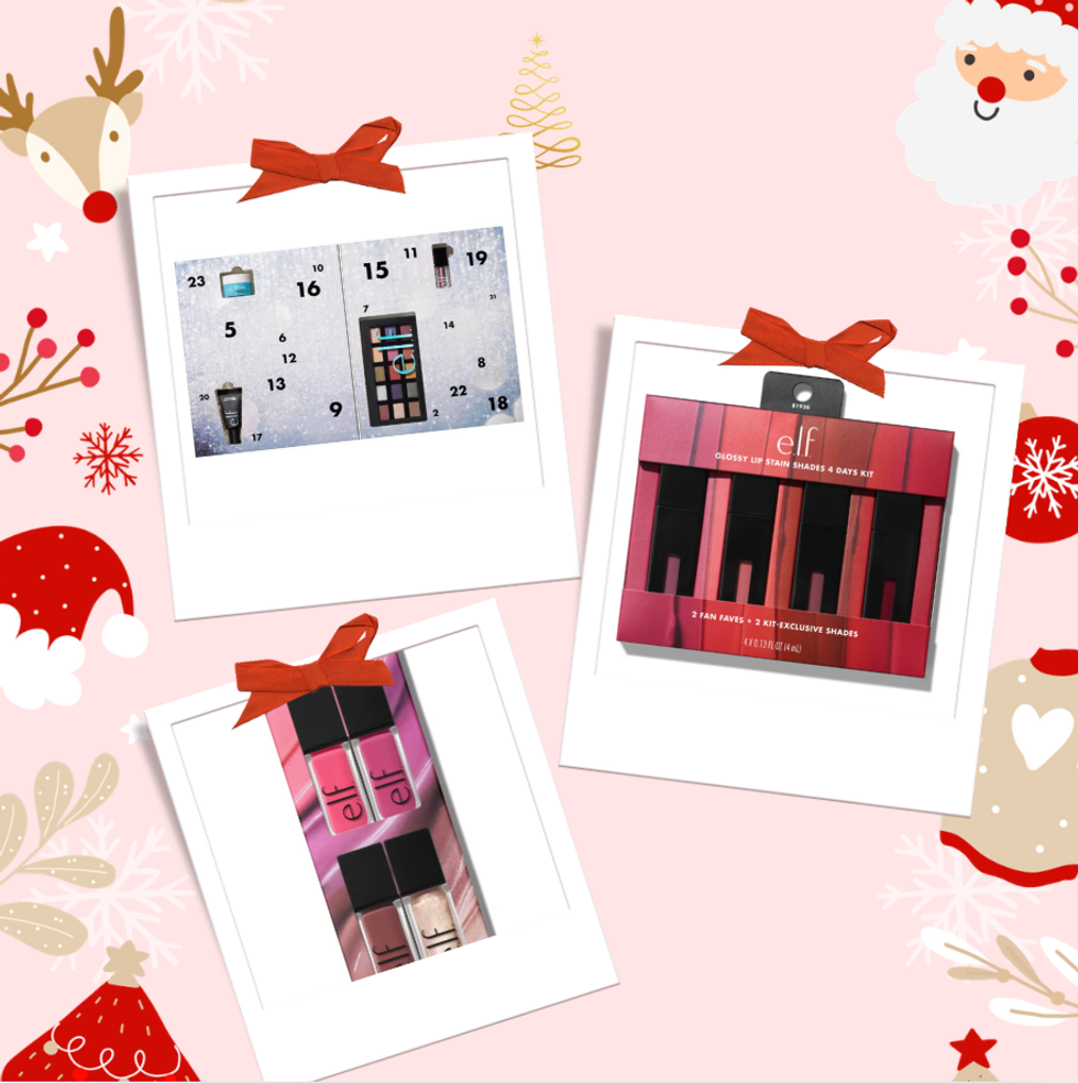 Festive collage with makeup gift sets and holiday ornaments on a pink background.