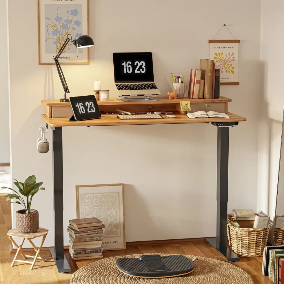 FEZIBO Brasa Electric Standing Desk with Upper Double Drawer