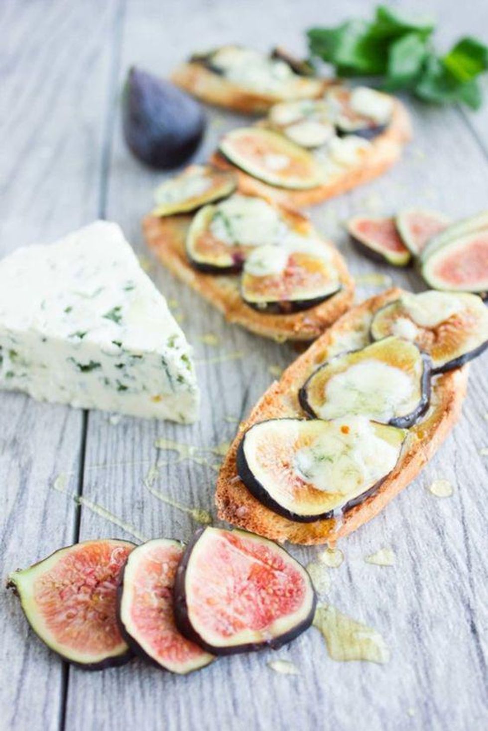 fig, blue cheese, and honey on crostini