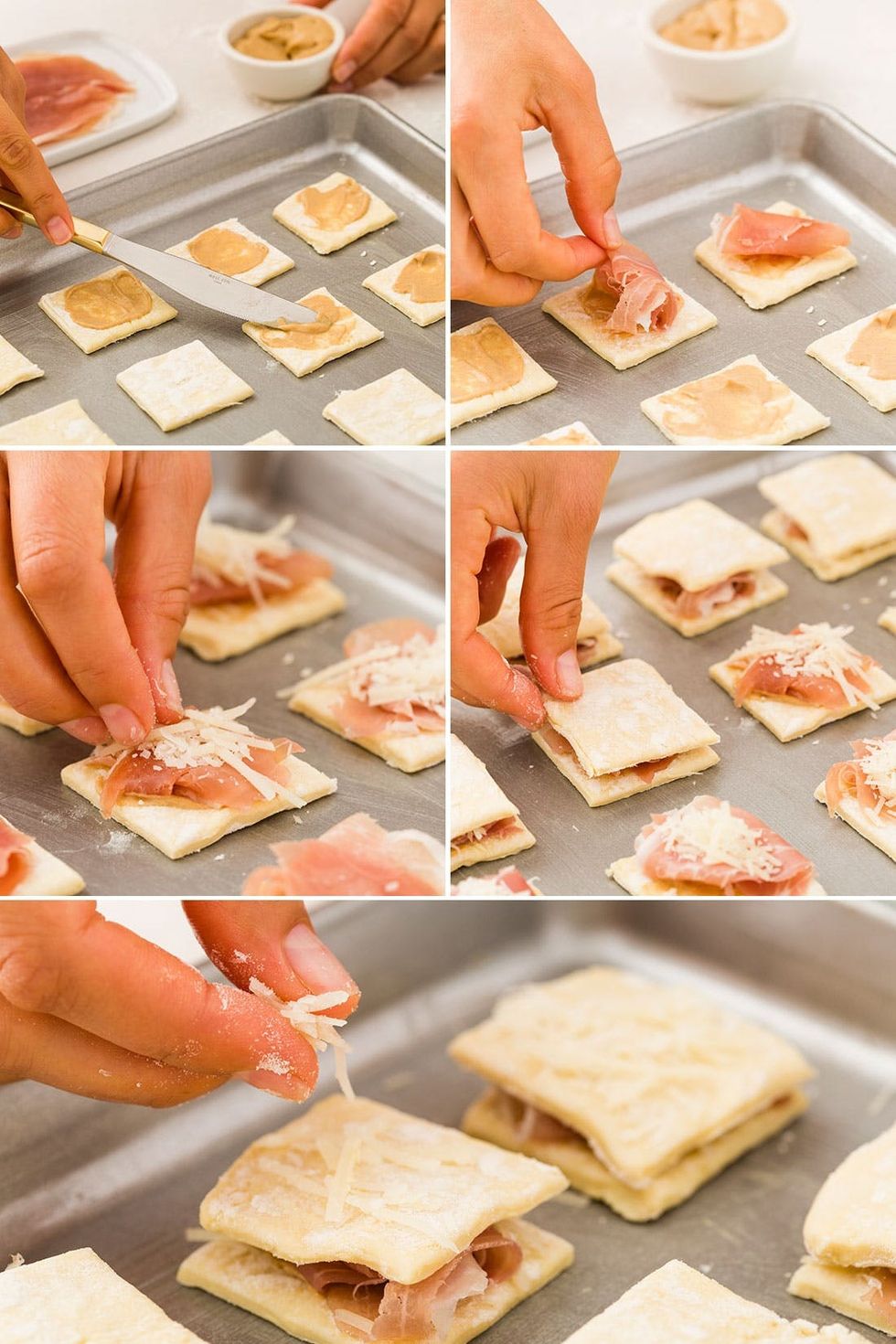 filling the pastry with prosciutto and cheese