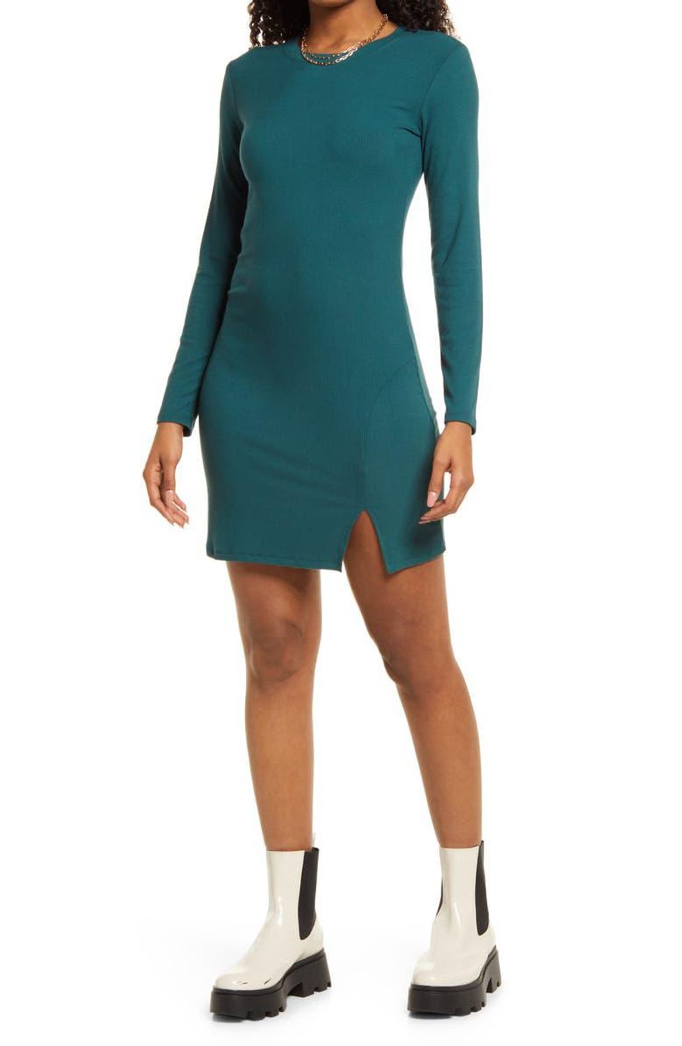 fitted body con dress with white boots