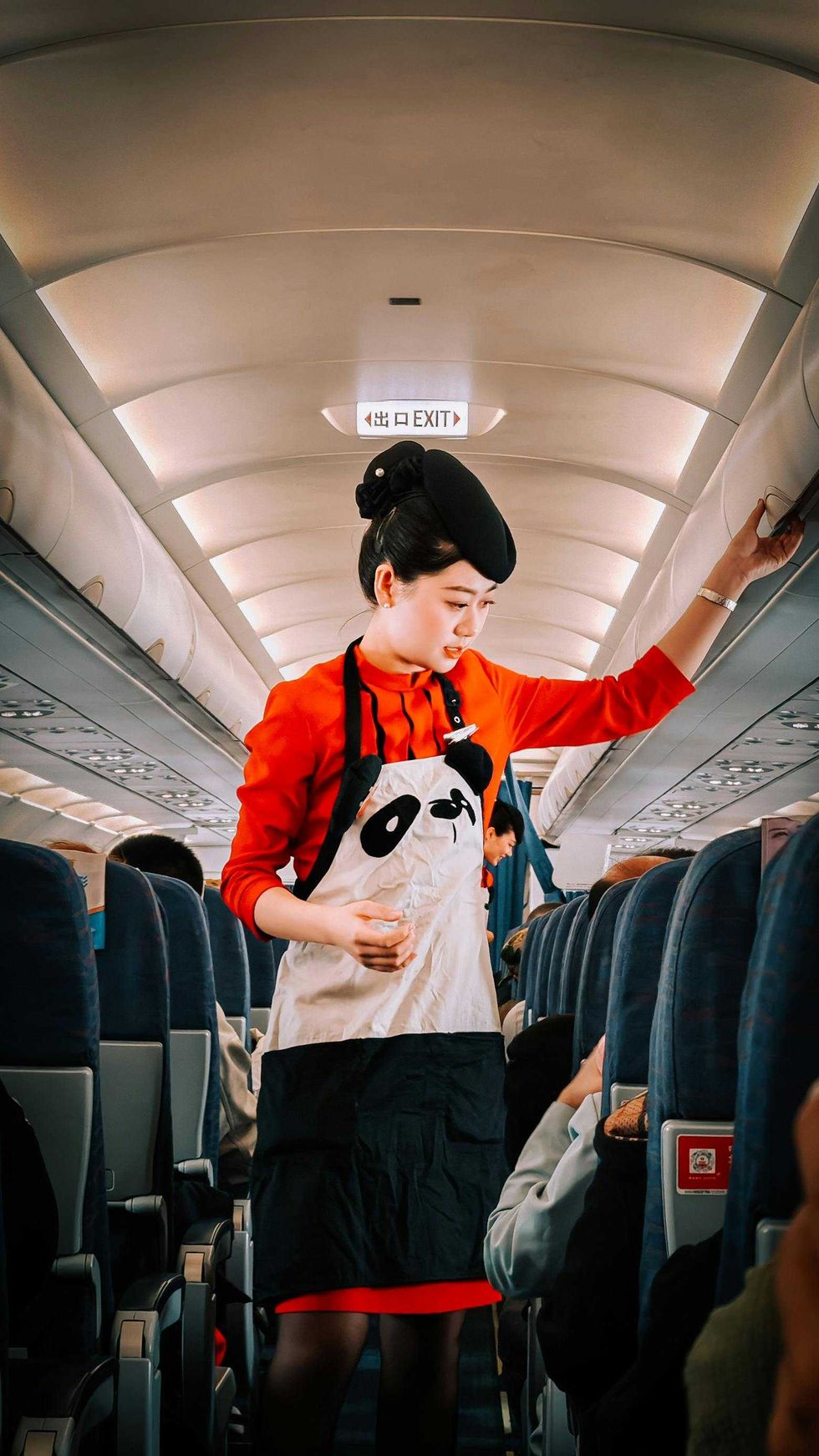 Flight attendant in red and panda apron, organizing cabin on airplane.