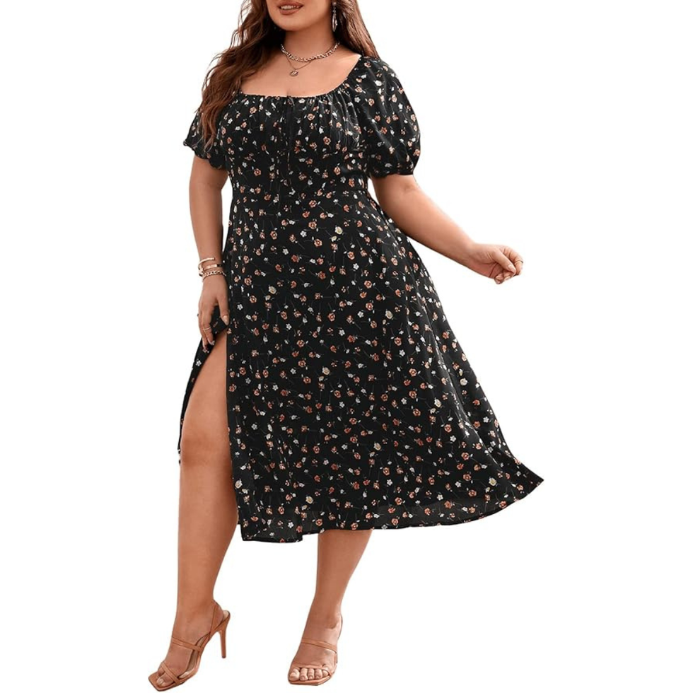Floerns Women's Plus Size Floral Print Tie Front Square Neck Midi Dress
