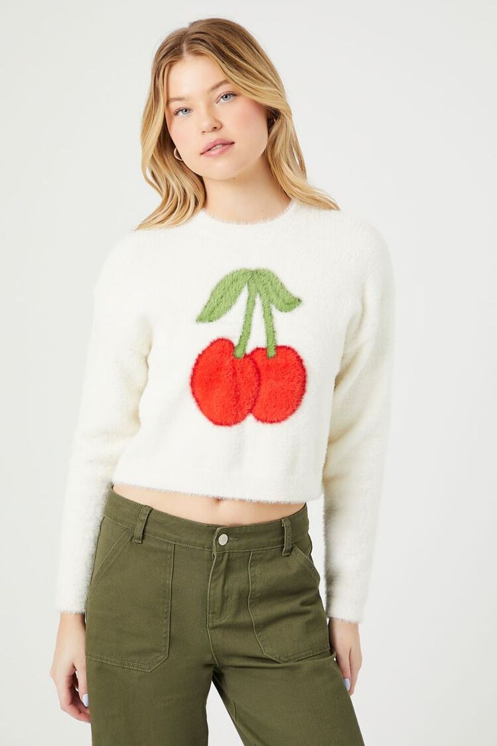 Forever 21 Cropped Fuzzy Knit Cherry Sweater