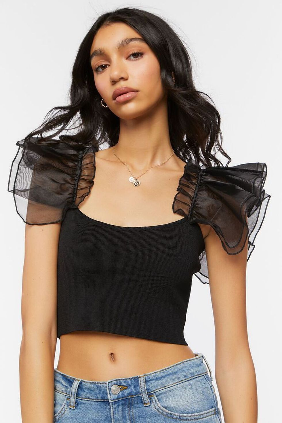 Forever 21 Tulle-Sleeve Crop Top
