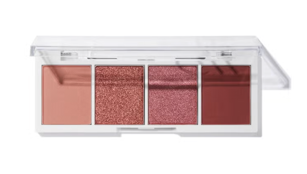 Four-color makeup palette with peach, glittery pink, rose shimmer, and deep red shades.