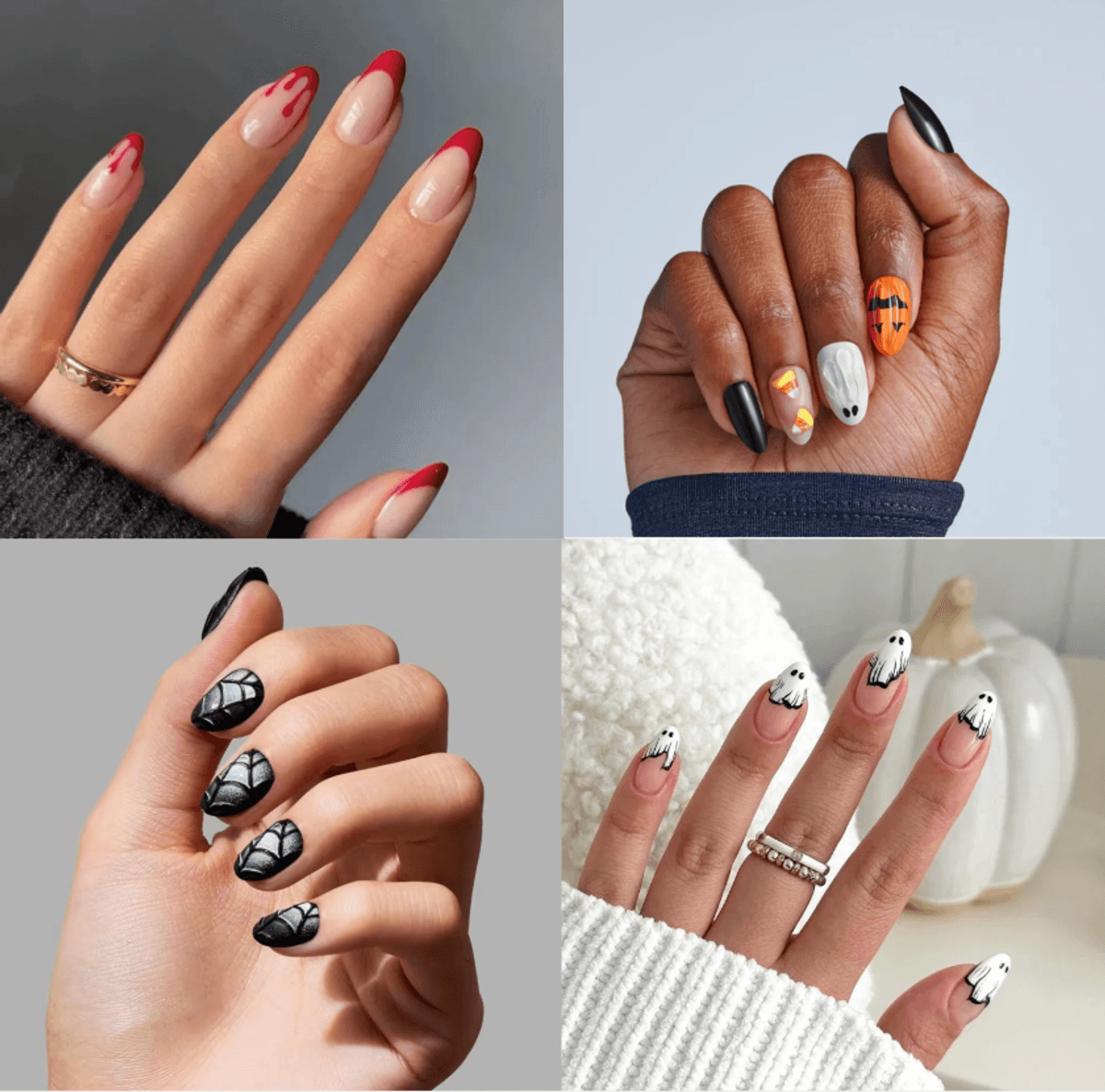 Four Halloween nail designs with spooky themes and colors.