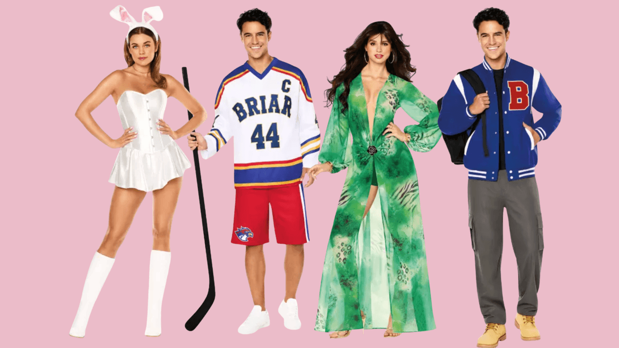 Four people in costumes: bunny, hockey player, green dress, and letterman jacket, on pink background.