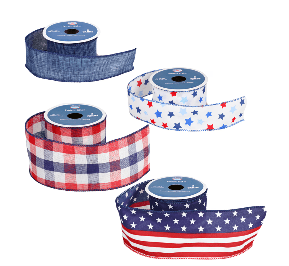 Four rolls of ribbon in patriotic designs: denim, stars, plaid, and stripes with stars.