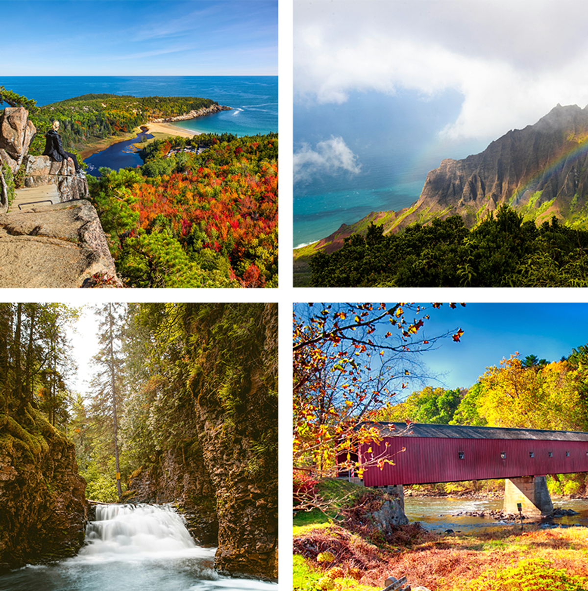 Four scenic landscapes: coastal view, lush mountains, forest waterfall, red covered bridge.