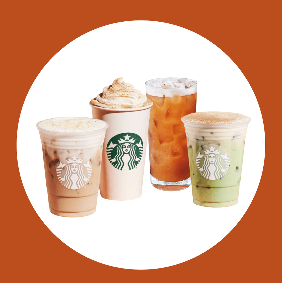 Four Starbucks drinks with cream and ice against a brown and white background.