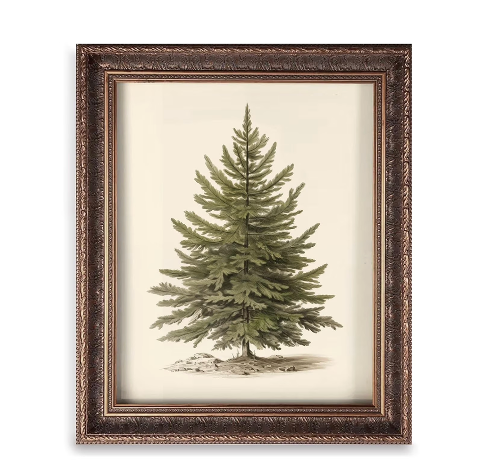 Framed painting of a green pine tree on a neutral background.