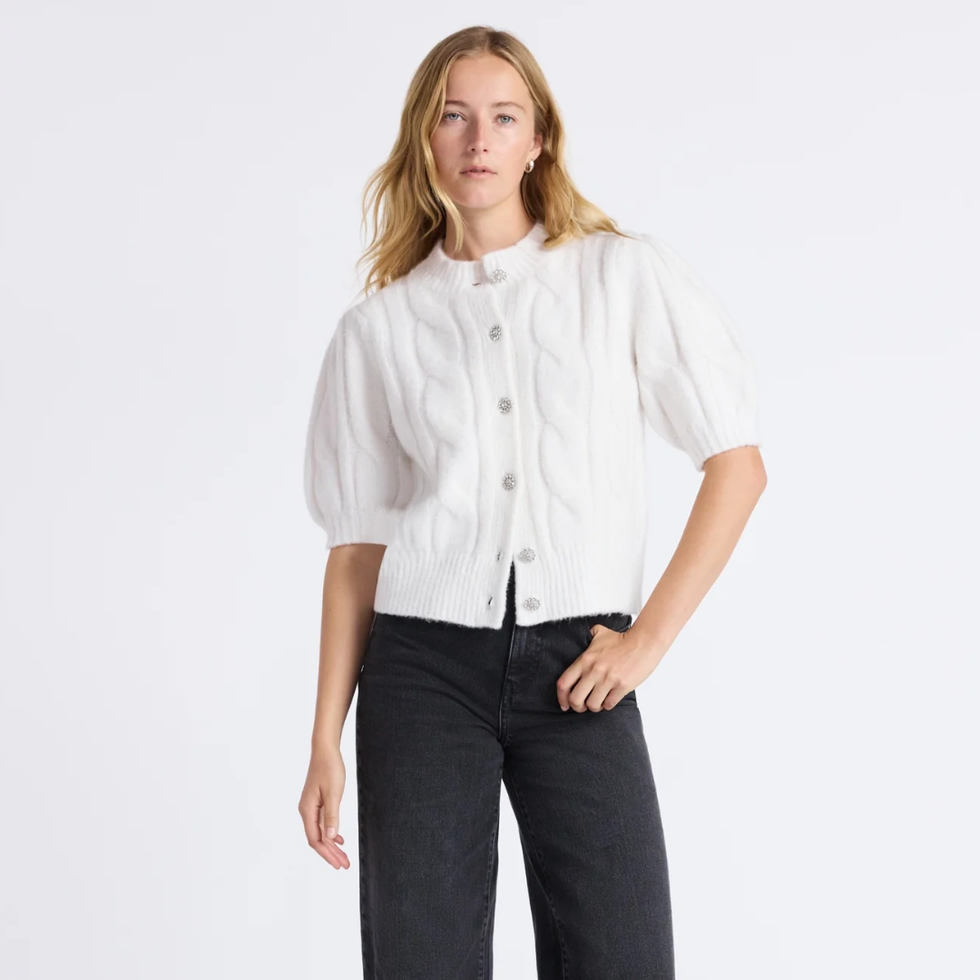 Free Assembly Puff Sleeve Cable Cardigan