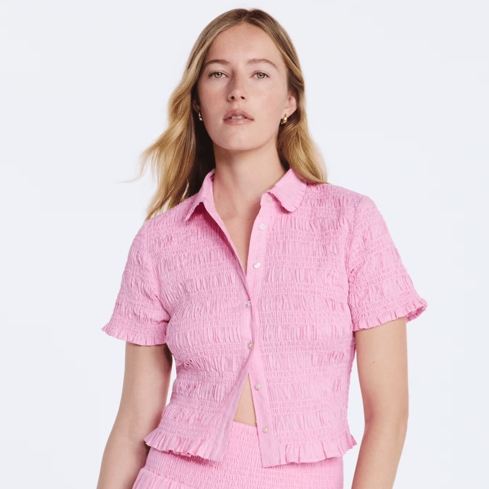 Free Assembly Smocked Cotton Button Front Shirt