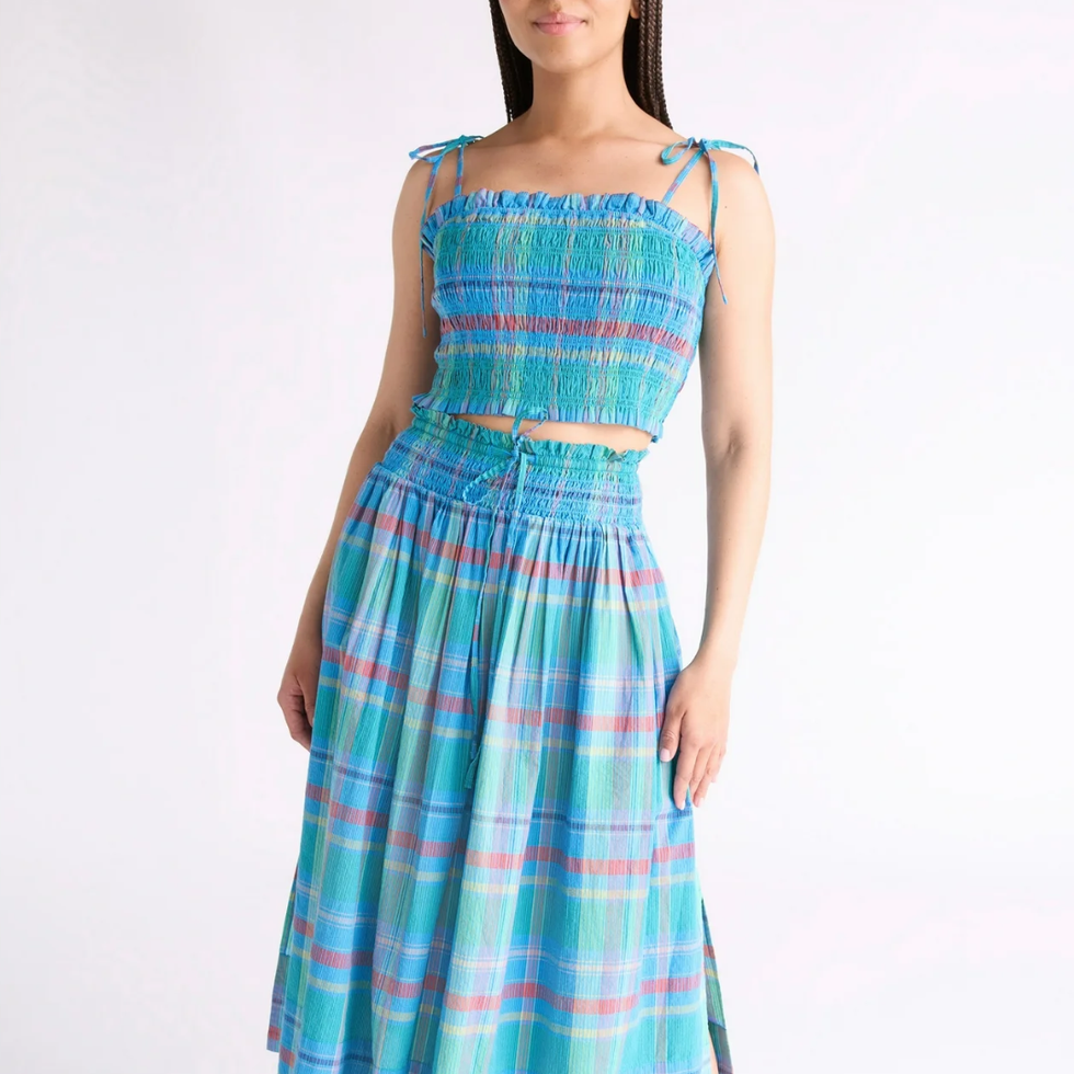 Free Assembly Smocked Cropped Cotton Cami Top + Smocked Cotton Maxi Skirt