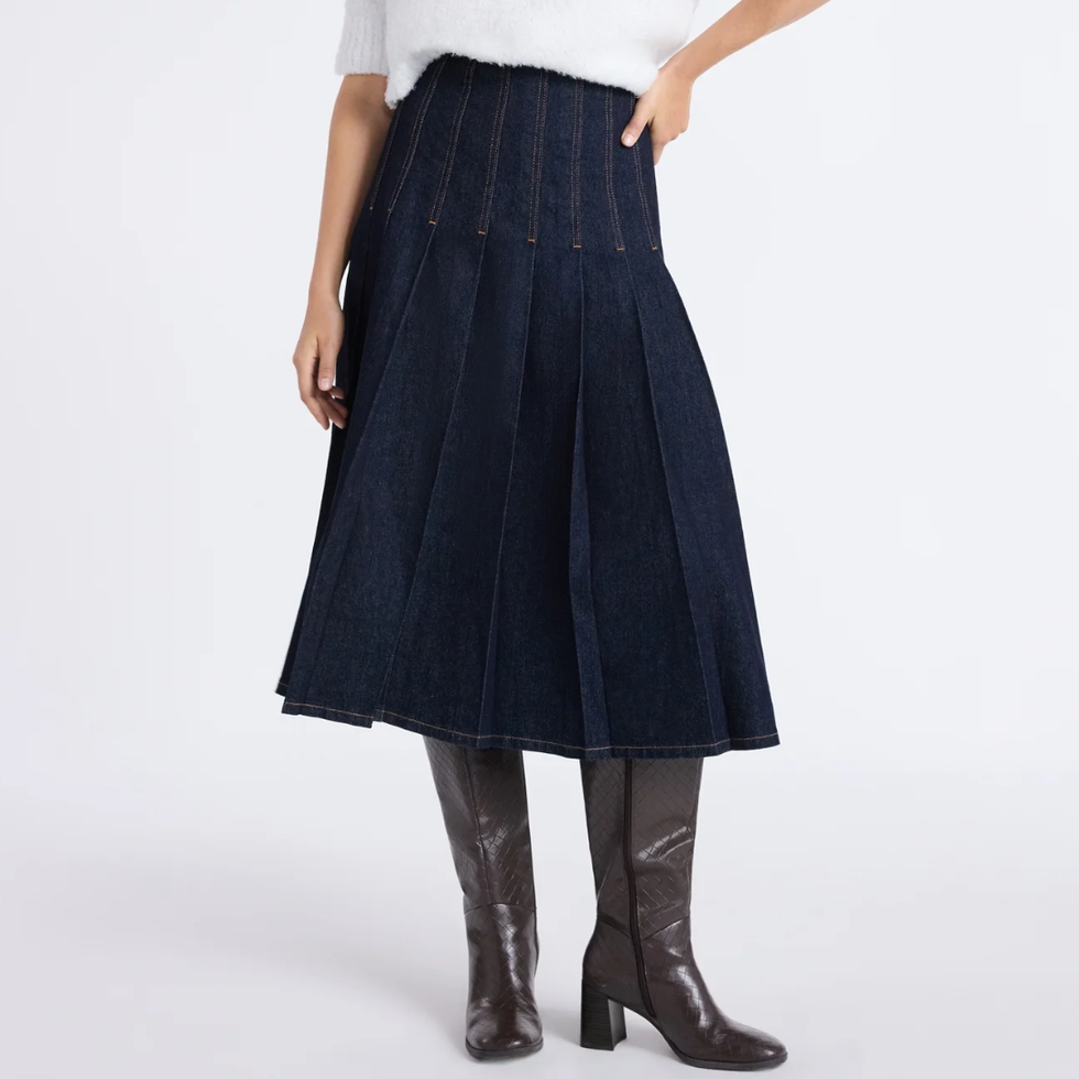 Free Assembly Stitch Pleated Denim Maxi Skirt