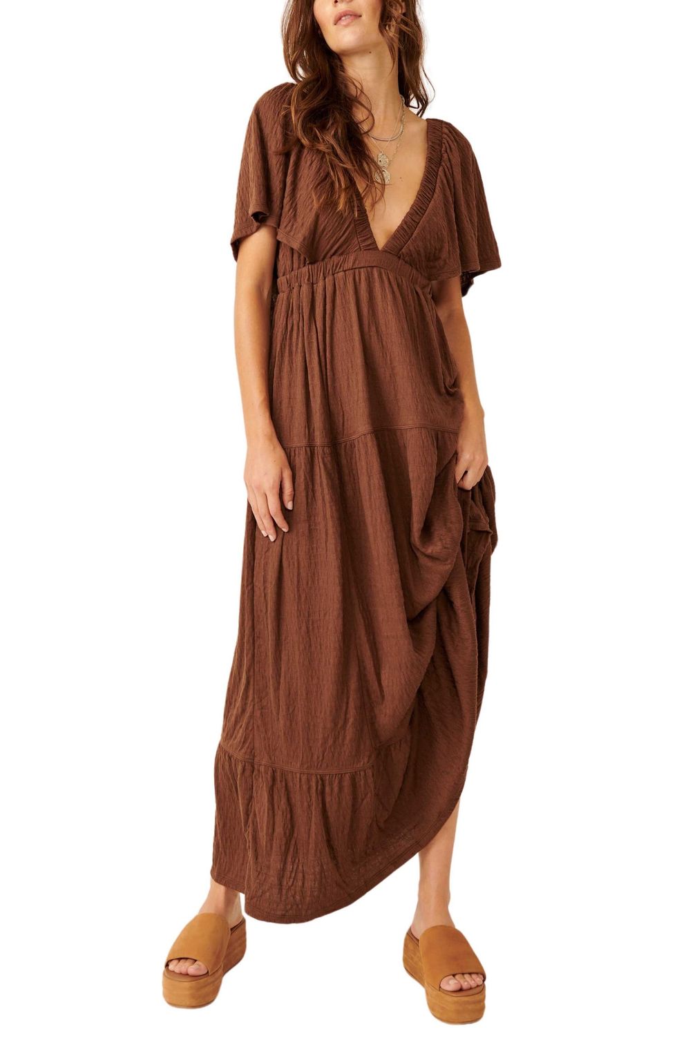 Free-est La La Tiered Flutter Sleeve Maxi Dress