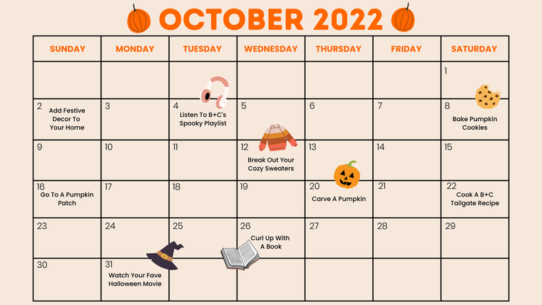 October 2022 Calendar - Free Printable with Fall Bucket List - Brit + Co