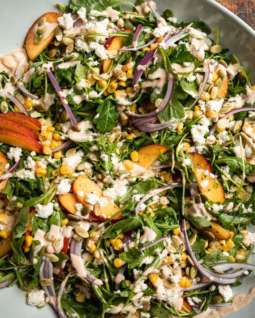 Fresh Summer Salad with Arugula, Corn, + Spicy Cashew Dressing