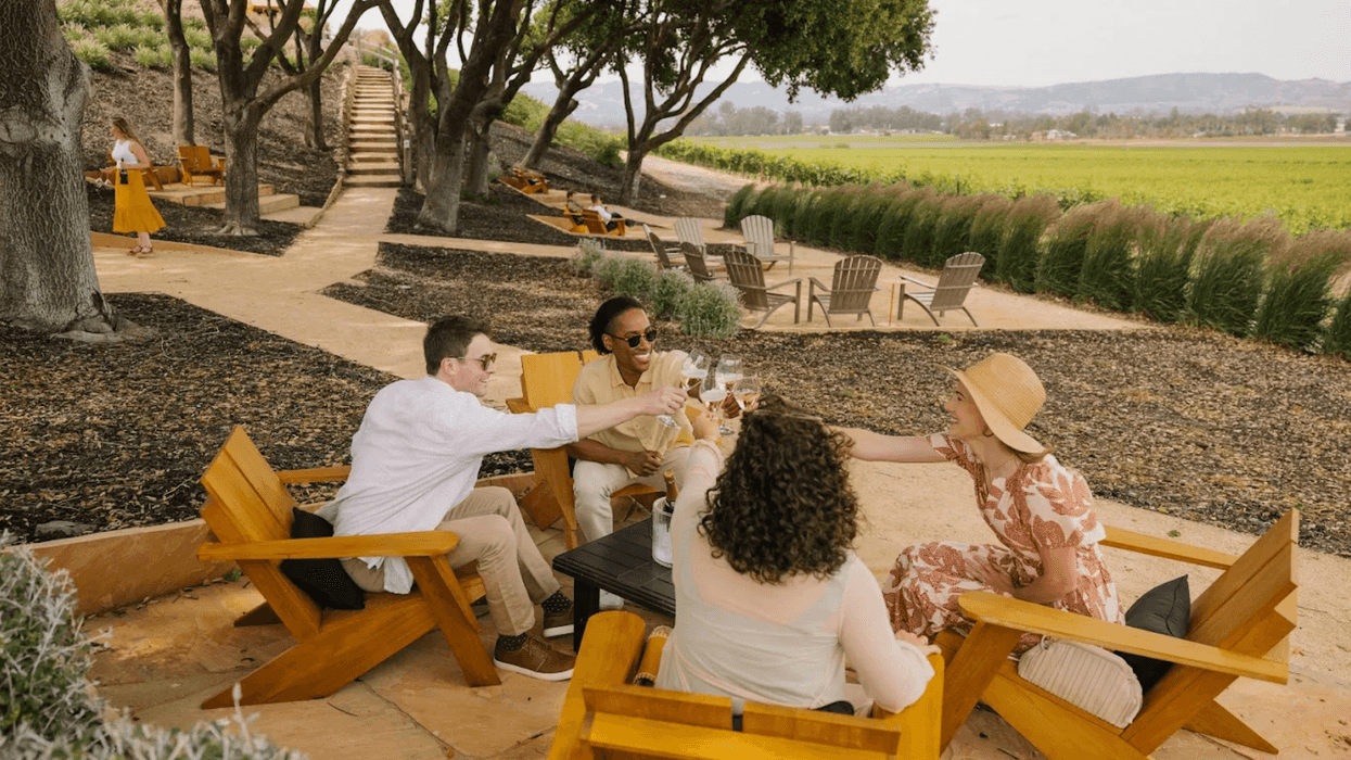 Friends toasting at an outdoor vineyard seating area with trees and fields in the background.