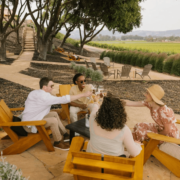 Friends toasting at an outdoor vineyard seating area with trees and fields in the background.