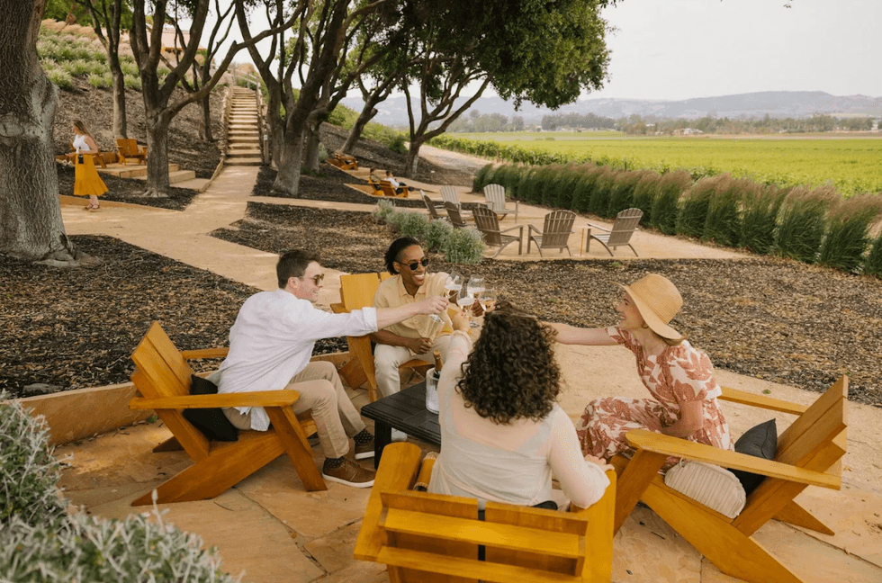 Friends toasting at an outdoor vineyard seating area with trees and fields in the background.