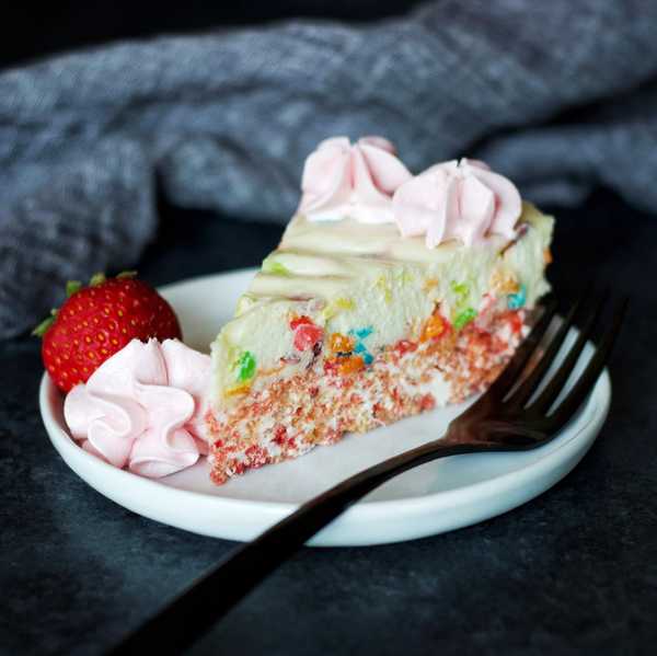 Fruity Pebble Cheesecake with Strawberry Krispy Treat Crust