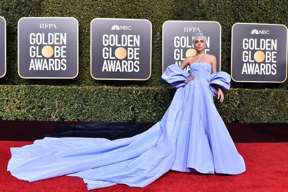 Full body shot of Lady Gaga posing on the 76th Annual Golden Globe Awards Red Carpet